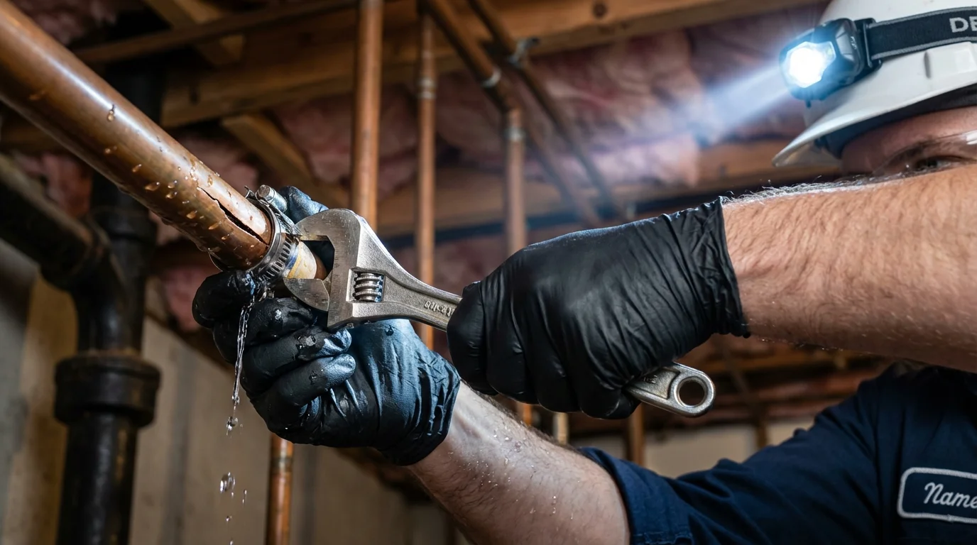 Emergency pipe clamp repair being performed by a Johns Plumbing LLC plumber in Rogers