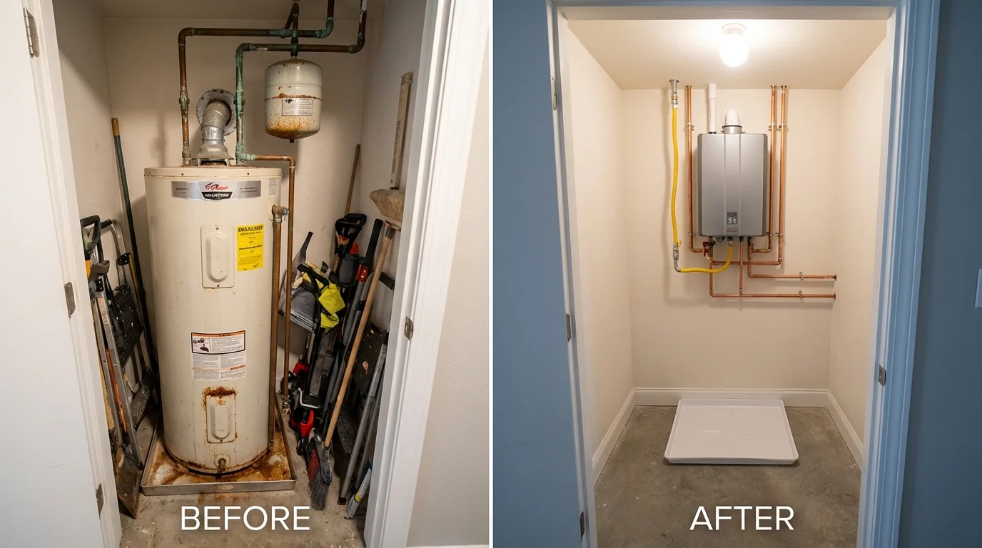 Tank water heater versus wall-mounted tankless unit comparison for Rogers, TX homeowners