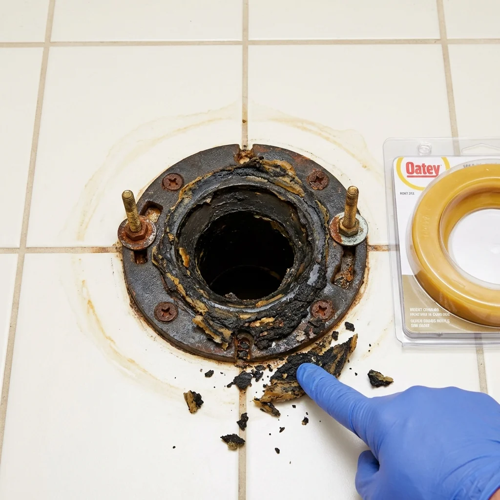 Failed wax ring showing water seepage at the base of a toilet in a Rogers, TX home