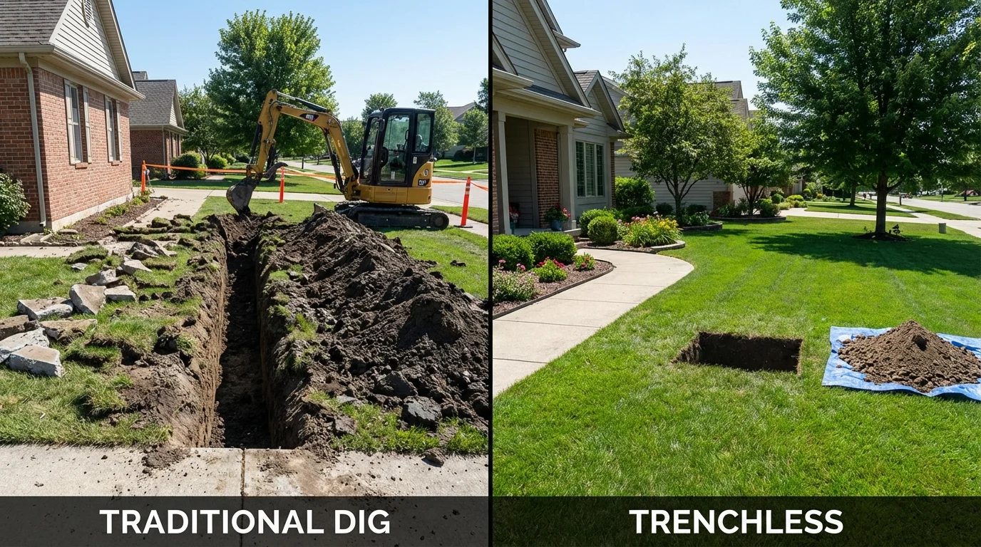 Trenchless sewer repair with minimal yard damage versus traditional excavation in Rogers, TX