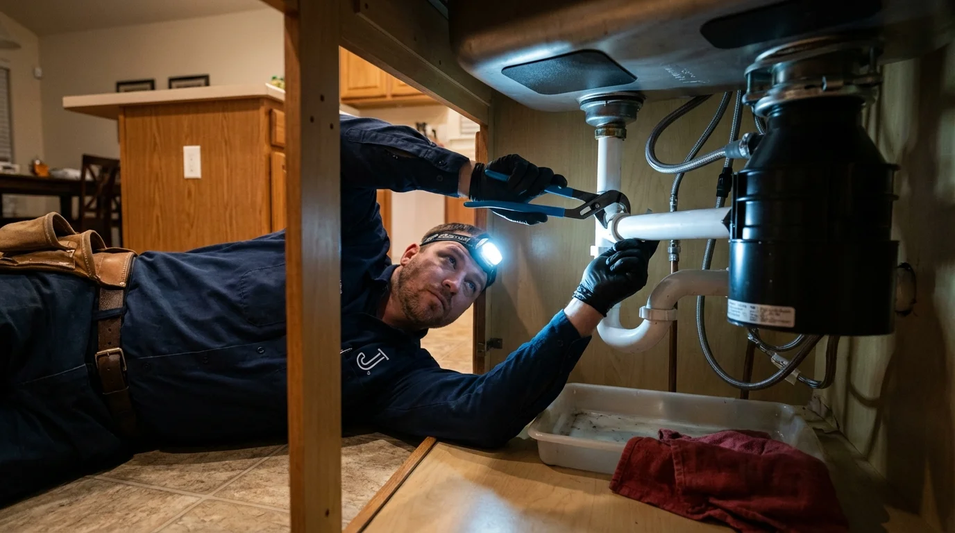 P-trap and supply line connections under a kitchen sink showing a common leak point in Rogers, TX